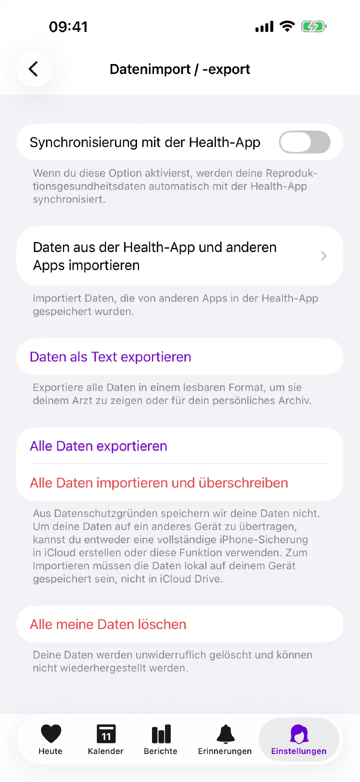 Datenimport, Export und Apple-Health-Einstellungen in Enria