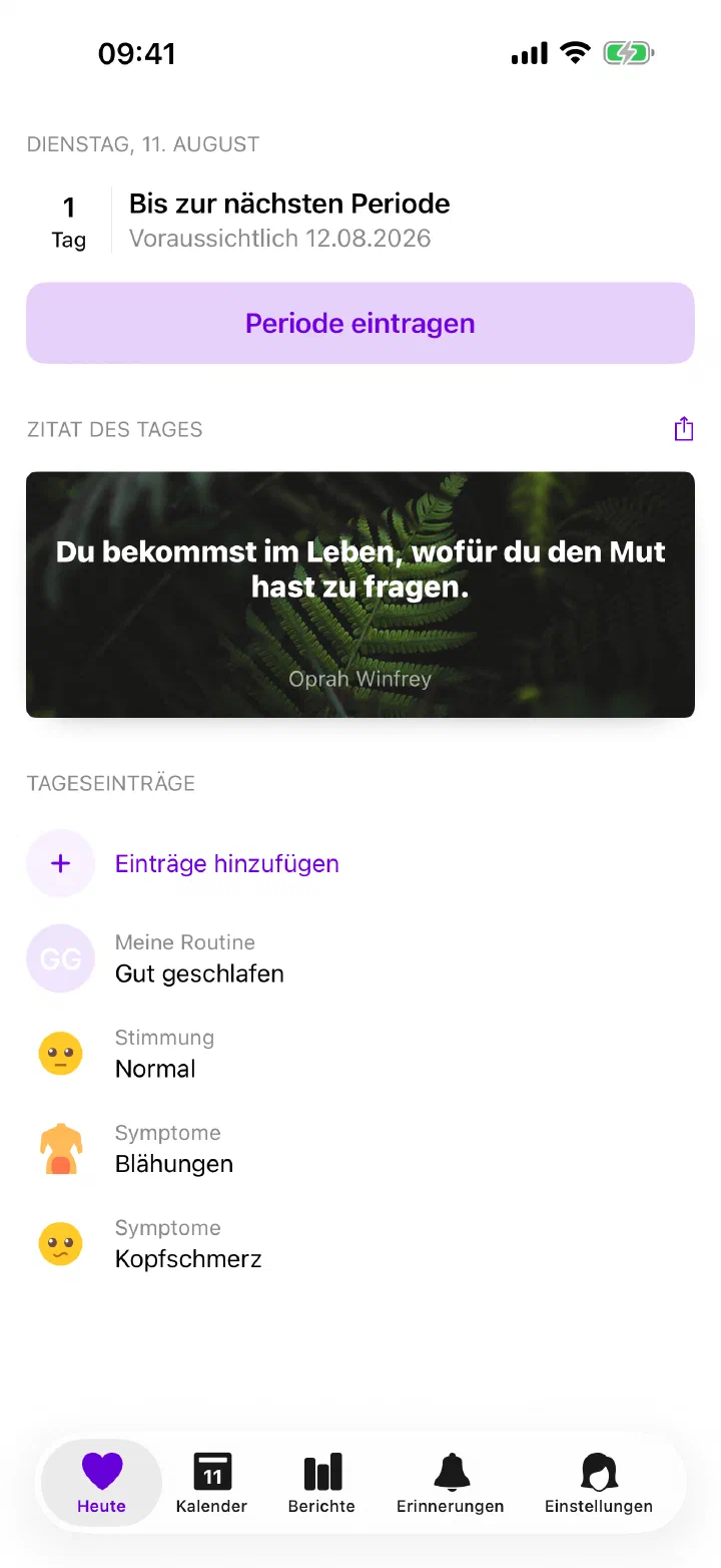 Enria-Ansicht Heute mit der nächsten geschätzten Periode und Tageseinträgen