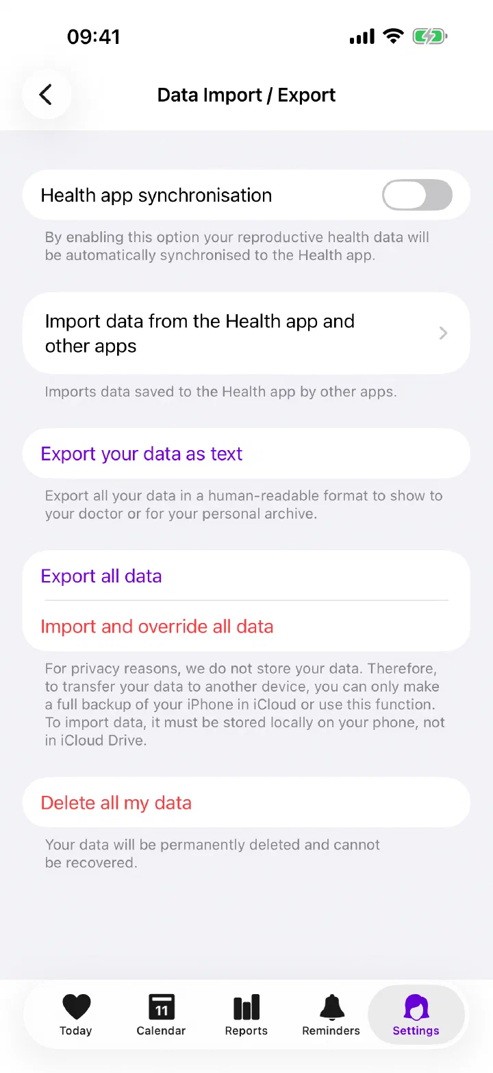 Enria data import, export and Apple Health settings