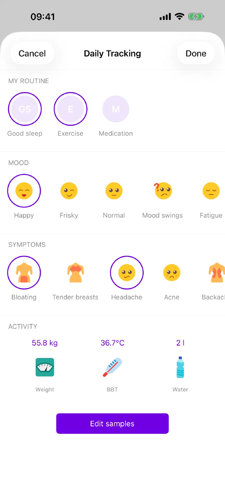 Enria Daily Tracking screen with routines, mood, symptoms and activity