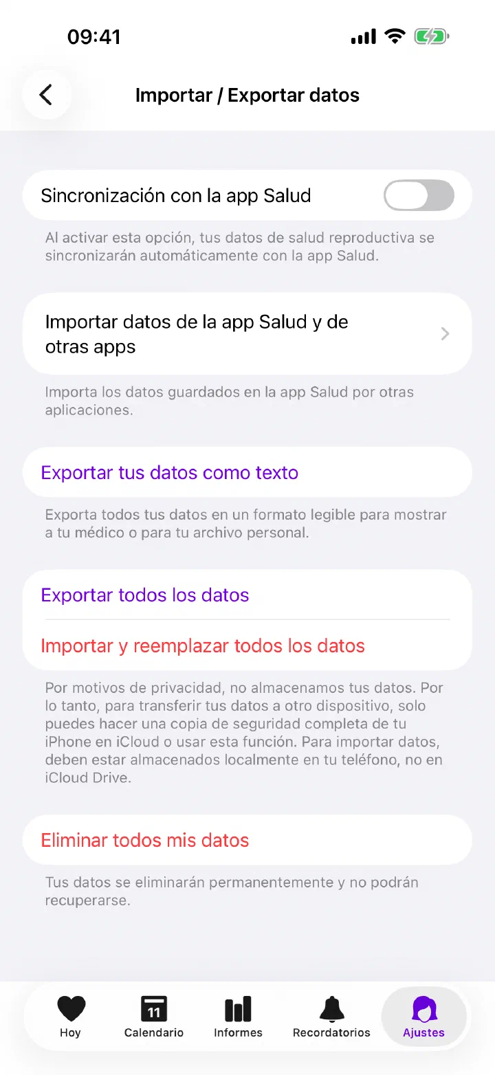 Importación, exportación y ajustes de Apple Health en Enria