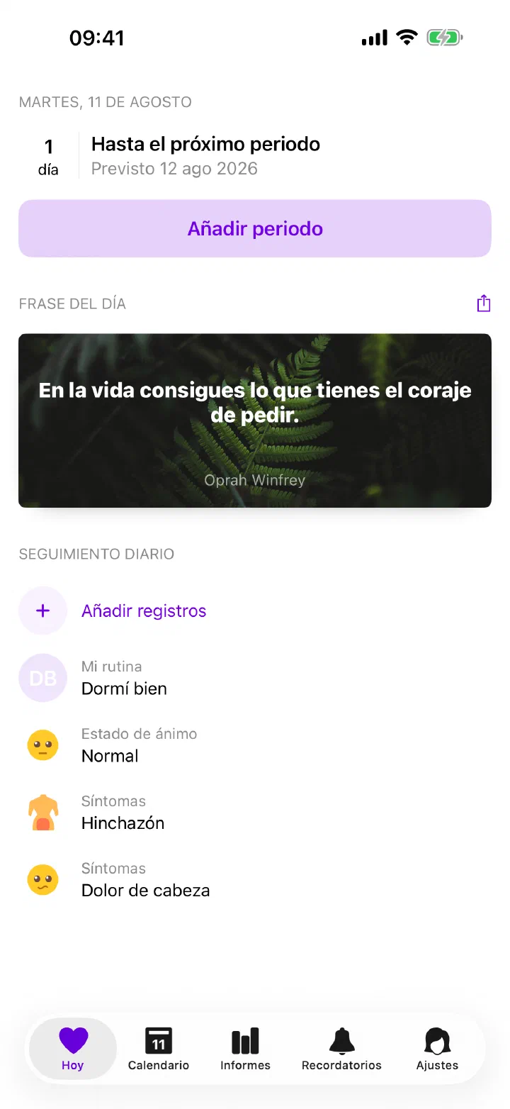Pantalla Hoy de Enria con el próximo periodo estimado y registros diarios