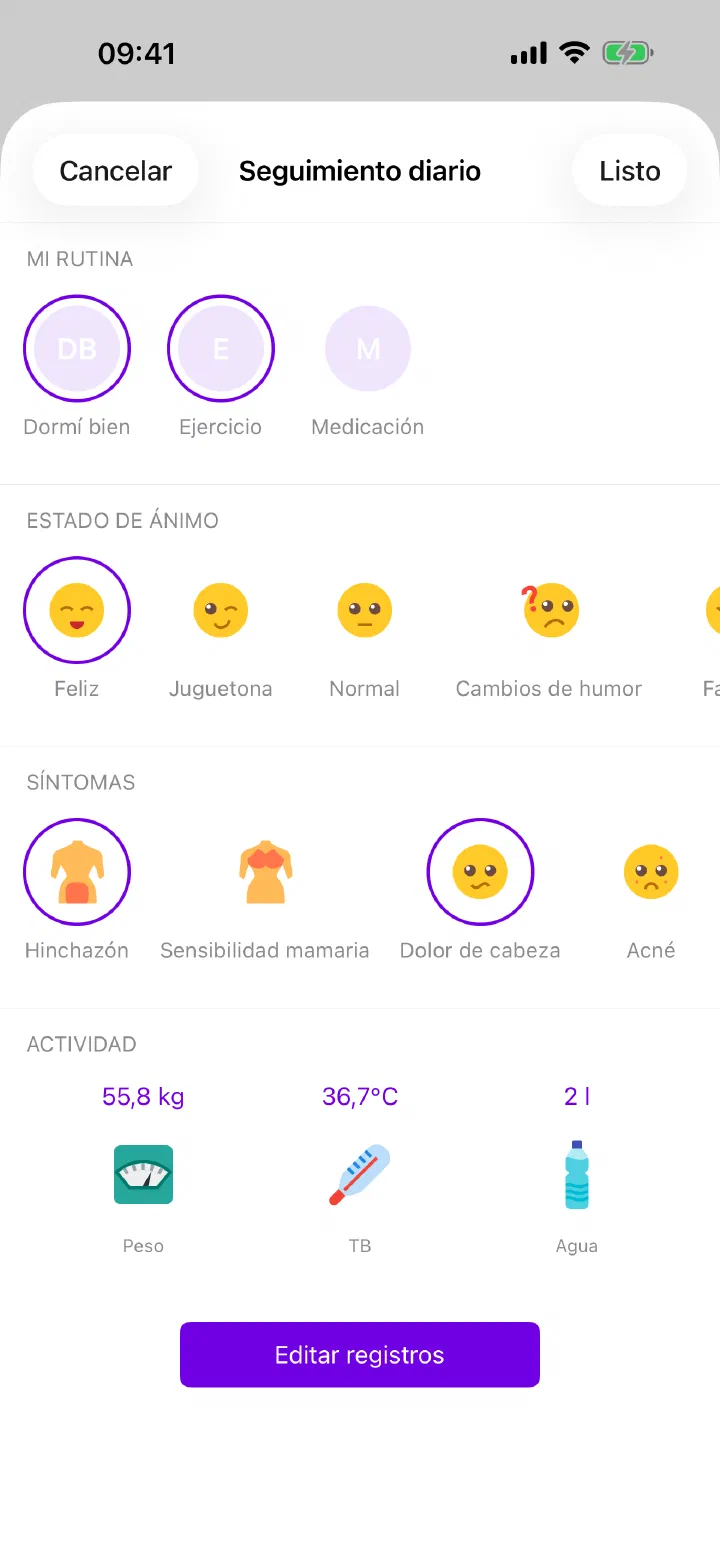 Seguimiento diario de Enria con rutinas, ánimo, síntomas y actividad