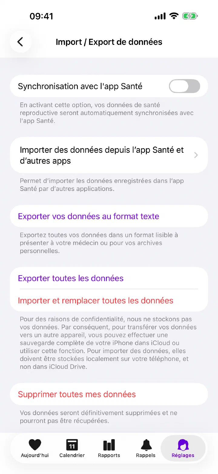 Import, export et réglages Apple Health dans Enria