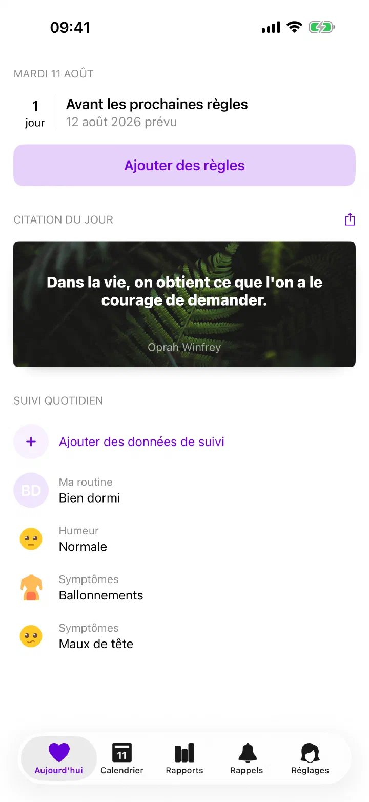 Écran Aujourd'hui d'Enria avec les prochaines règles estimées et les saisies du jour