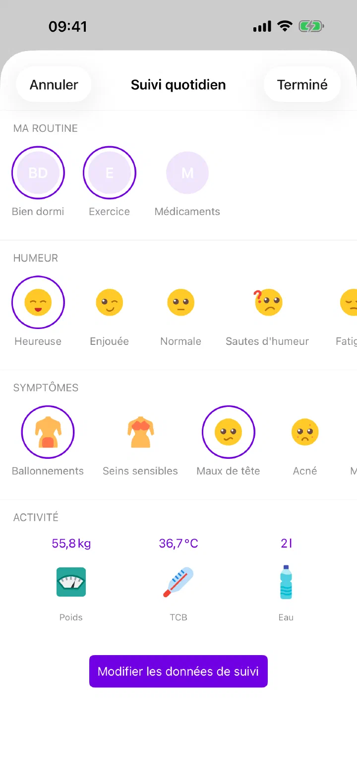 Suivi quotidien Enria avec habitudes, humeur, symptômes et activité