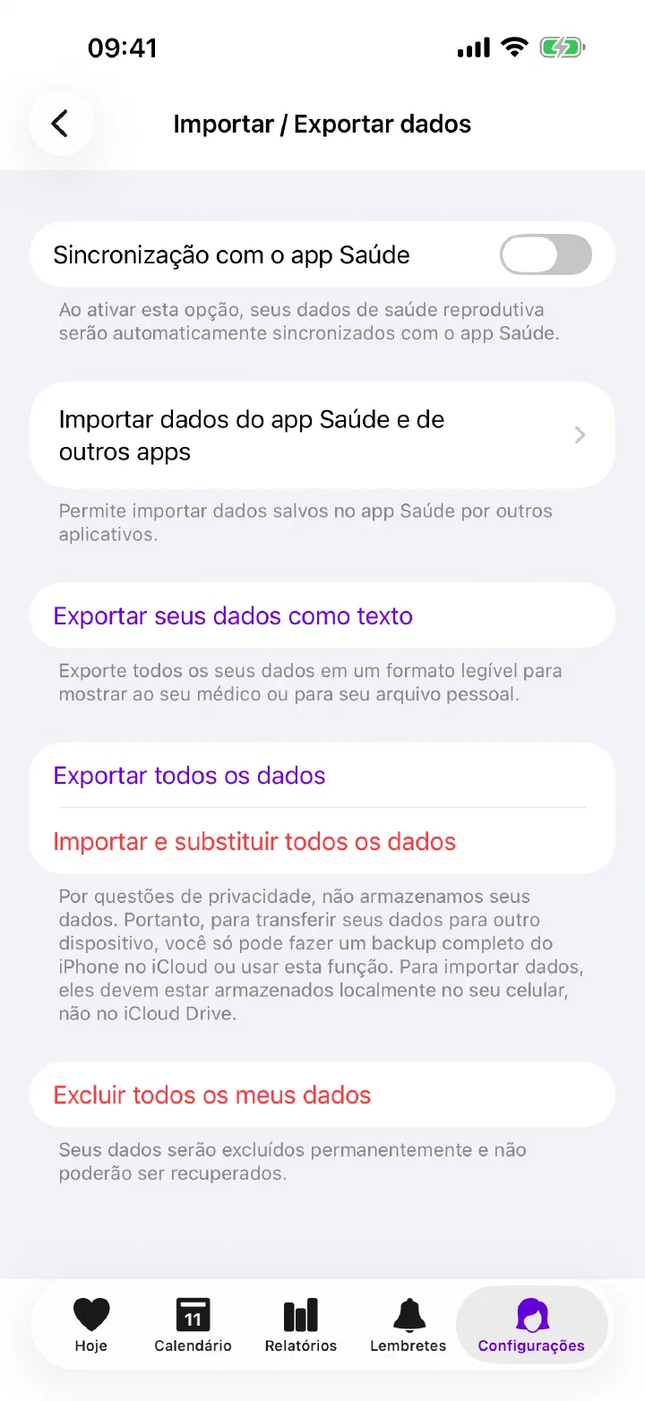 Importação, exportação e ajustes do Apple Health no Enria