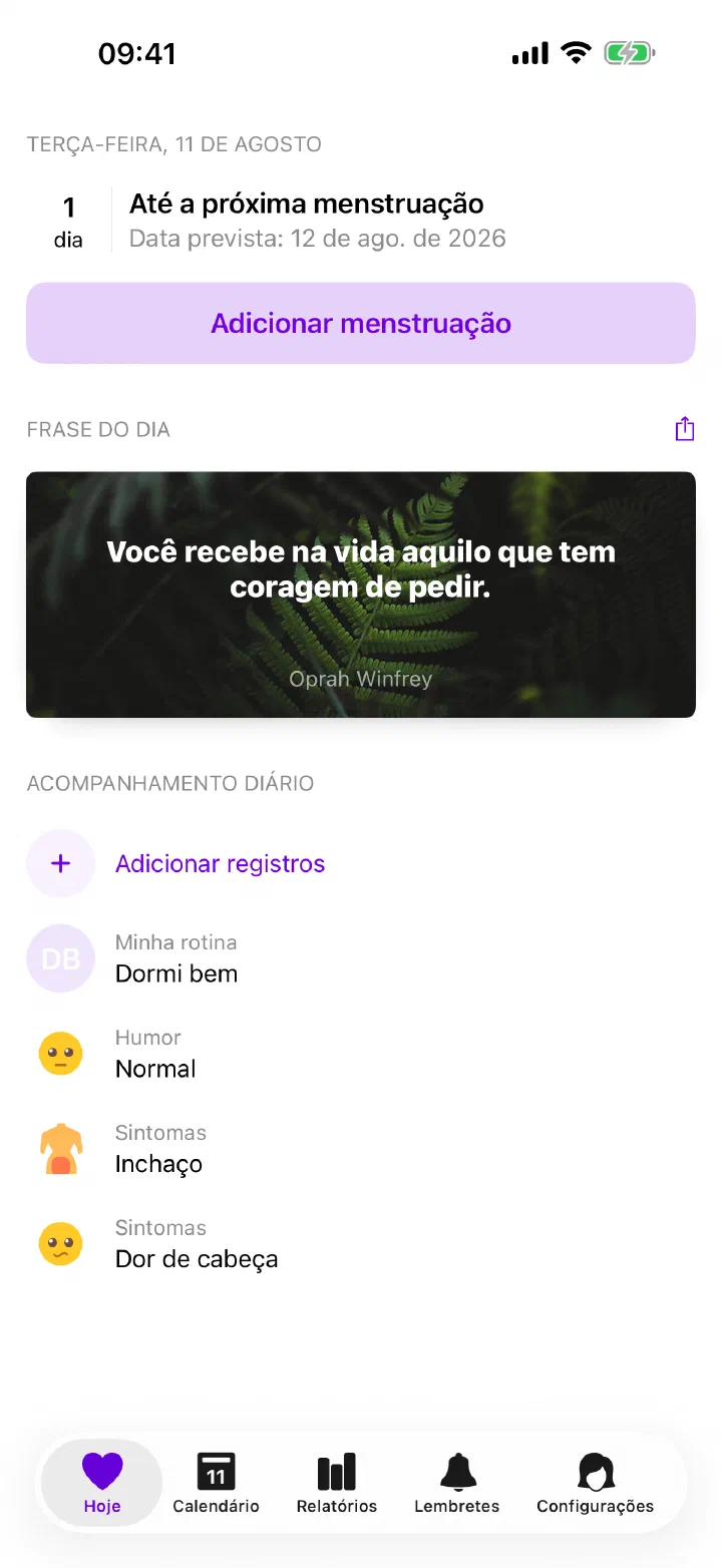Tela Hoje do Enria com o próximo período estimado e registros diários